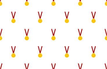 seamless pattern with gold medal on white background. gold medal with red ribbon necklace.