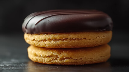 A hyper-realistic close-up macro shot of a shortbread biscuit dipped in chocolate.