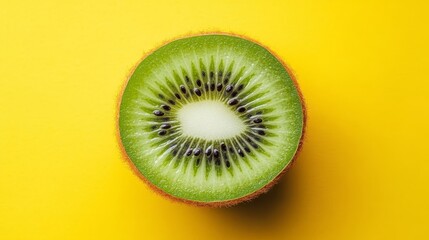 Vibrant Green Kiwi Fruit, Sliced to Reveal Juicy Interior, Isolated on Yellow Background