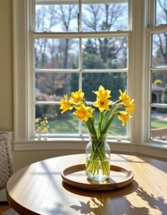 lifestyle image of a breakfast nook featuring sunlight and a glass jar daffodils centerpiece.