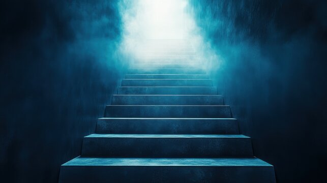Ultra quality image of staircase ascending toward the light with the next step highlighted, representing success, the next phase of growth, and moving forward toward achieving.