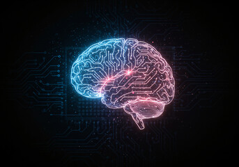 Obraz premium Futuristic AI Concept with Glowing Brain and Circuit Board Background on Dark Theme