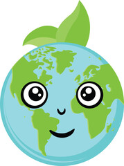 Cute Smiling Planet Earth with Green Leaves