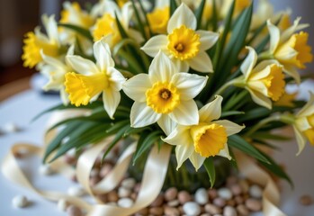 Obraz premium close up shot of a daffodils centerpiece with delicate ribbons and small decorative stones around it.