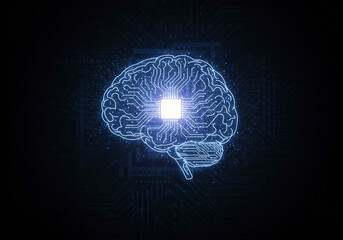 Futuristic AI Concept with Glowing Brain and Circuit Board Background on Dark Theme