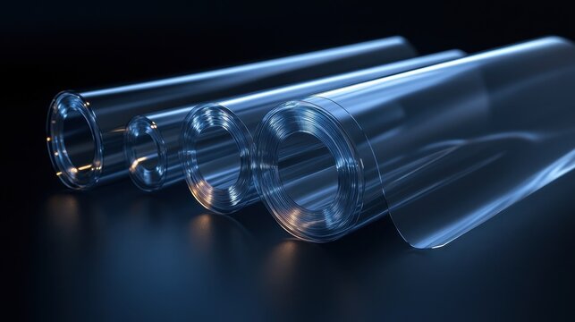 Rolled transparent plastic sheets with blue tint on a dark reflective surface. Use for product packaging, industrial design, and material science concepts.