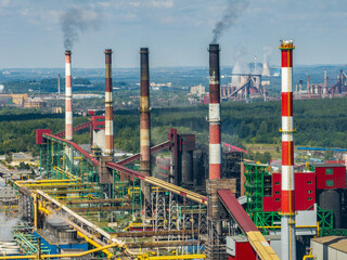 Coking Plant factory. Coke plant.Heavy industry in Dabrowa Gornicza, Europe, Poland. Air pollution from chimneys. Ecology and environmental. Aerial drone photo View
