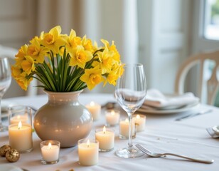 romantic candlelit dinner for two featuring a daffodils centerpiece surrounded by softly glowing candles.