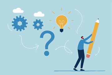 Finding Solutions Creative Thinking Man Holding Pencil And Lightbulb Idea Concept