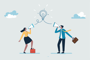Business Communication Idea Sharing Teamwork Concept With People Using Megaphones And Lightbulb