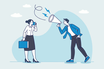 Business Communication Breakdown Man Shouting Into Megaphone While Woman Speaks On Phone