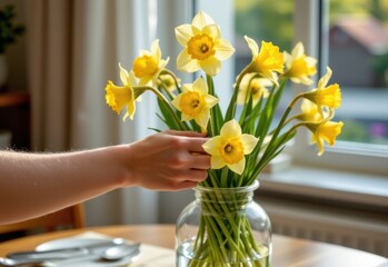 close up image of a hand arranging daffodils into a centerpiece vase, with natural light streaming through the window.