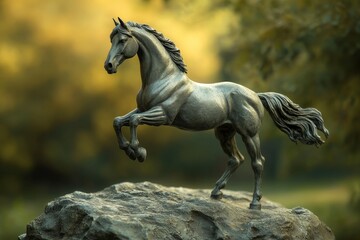 Bronze sculpture of a rearing horse atop a rock.
