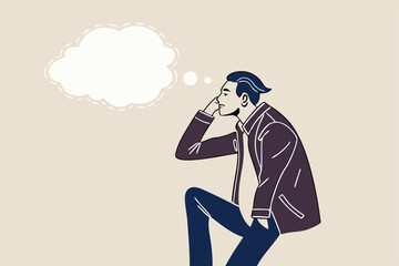 Pensive Young Man Deep In Thought With Speech Bubble Illustration Isolated