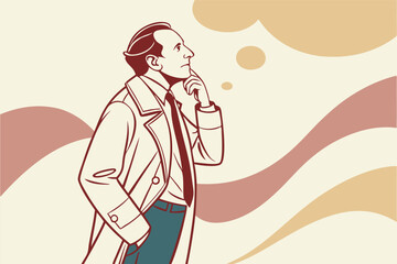 Thoughtful Retro Man In Trench Coat With Thinking Bubbles Illustration