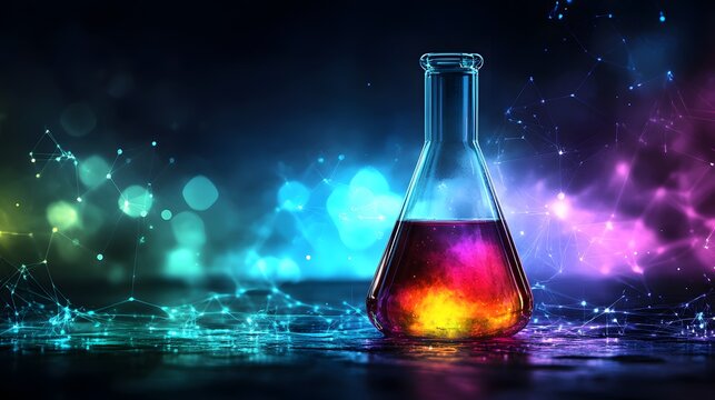 Colorful Chemistry Flask With Vibrant Liquid and Glowing Network Effects