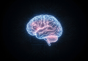 Futuristic AI Concept with Glowing Brain and Circuit Board Background on Dark Theme