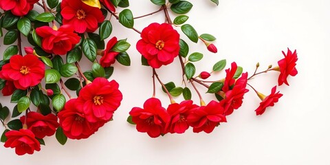 Row of vibrant red Camellia japonica blossoms overhead on white, ample copy space,  red camellia, top view
