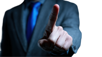 Closeup of a businessman hand pointing upwards indicating selection choice decision making concept corporate executive in a on transparent background