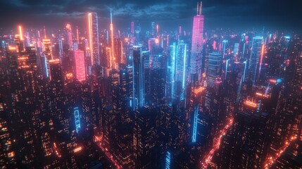 Obraz premium Neon Cityscape: A Futuristic Metropolis at Night