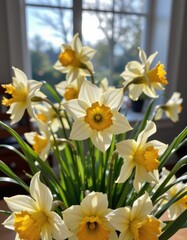 Obraz premium close up image of a daffodils centerpiece, beautifully arranged with soft sunlight filtering through the window.
