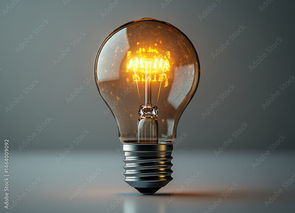 Poster illuminated vintage light bulb with glowing filament on reflective surface in minimalist setting