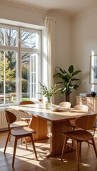 minimalist scandinavian dining room with a lacquered wooden table reflecting natural morning sunlight.