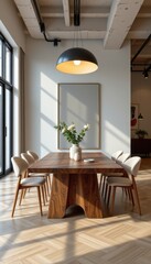 stylized 3d render of a lacquered wooden table in a loft apartment with modern lighting.