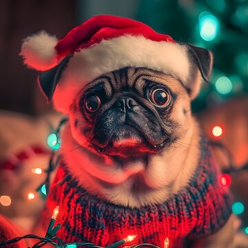Festive pug wearing a Christmas sweater and hat.