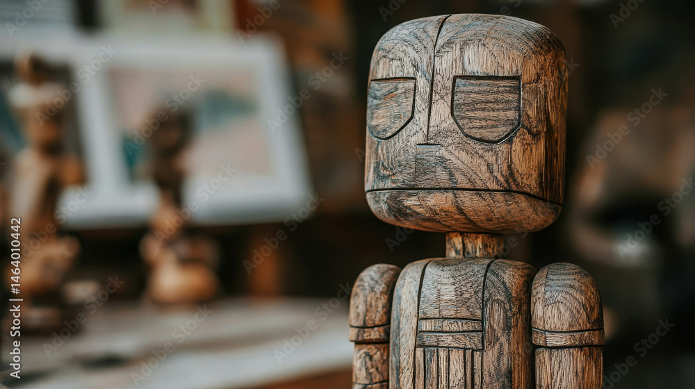 Poster wooden figure with simple features on table in artisan craft studio setting