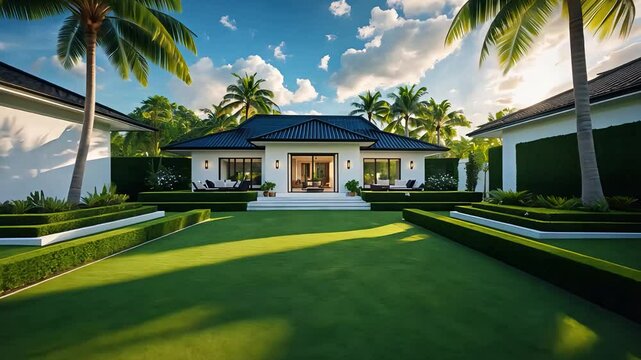 Luxurious modern villa with palm trees, manicured lawns, and a spacious garden in a tropical setting under a bright blue sky.

