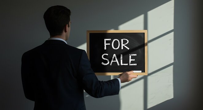 Man in suit holding chalkboard with handwritten For Sale text indoors.