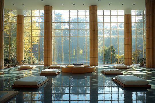 Indoor atrium reading corner bamboo support mirrored pool reflection under gentle evening glow