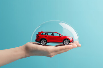 red toy car inside a bubble, held by hand. Perfect for car insurance advertisements or playful, creative design projects. 
