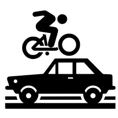 Pictogram with the silhouette of a parkour athlete soaring over a car.