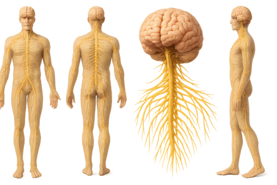 The image depicts a human figure with visible anatomical structures, highlighting the brain and nervous system. Concept Anatomical Illustration, Human Figure Anatomy, Brain Anatomy