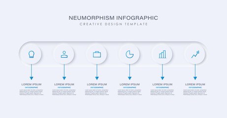 Neumorphism timeline infographic design template. Six steps or options to achieve the goal