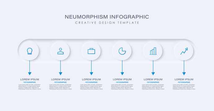 Neumorphism timeline infographic design template. Six steps or options to achieve the goal