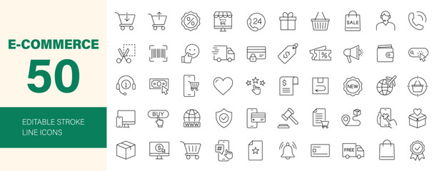 E-commerce icon set. Online shopping related line icons: online payment, discount, buy, shopping cart, delivery, credit card, customer service and more. Editable stroke. Vector illustration.