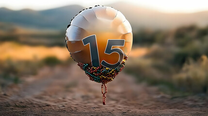 Gold Balloon Number 15 With Beads In Desert Landscape