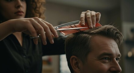 Fototapeta premium Barber giving a man a haircut at a hair salon