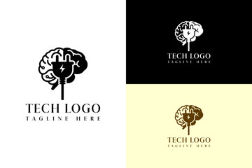 illustration of two tone brain and power plug, abstract, vector logo for activated ai, artificial intelligence, ai power, cloud computing, data center, data science, database, iot, tech, and more