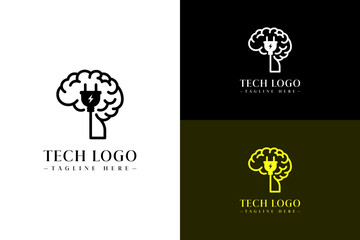 illustration of power plug inside brain, abstract, icon, vector logo for ai power, activated ai, artificial intelligence, data science, data center, fast data, internet of things, and more