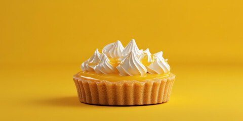 A mini lemon tart with golden baked crust and glossy, slightly toasted meringue peaks before a yellow background