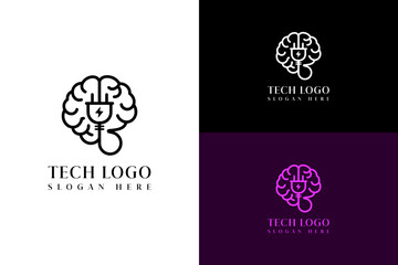 outline brain and power plug vector illustration, abstract, logo for artificial intelligence, information technology, database, data center, ai power, fast data, iot, tech, and more