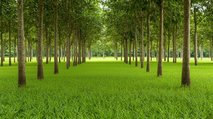 Lush Green Landscape with Tall Trees and Vibrant Grass Under Clear Blue Sky for Nature Lovers
