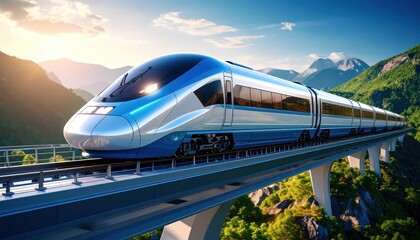 Fototapeta premium High Speed Train on Elevated Track in Mountains