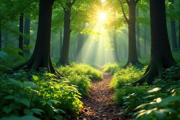 Obraz premium Sun-dappled forest floor, lush green undergrowth, backdrop, magical, serene