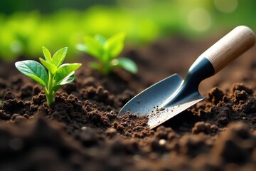 Close-up of small trowel in fertile earth beside young plants , plants, sustainable, green