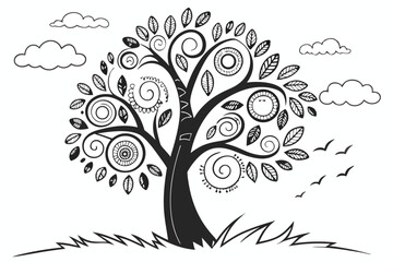 Obraz premium 71 Whimsical tree illustration, black and white drawing, intricate circular patterns, decorative foliage, stylized clouds, abstract nature design, zentangle-inspired, playful doodle art, organic shape